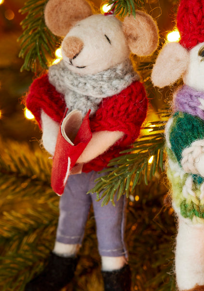 Set of 2 Felt Carol Singing Mice Hanging Ornaments