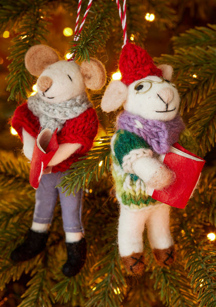 Set of 2 Felt Carol Singing Mice Hanging Ornaments