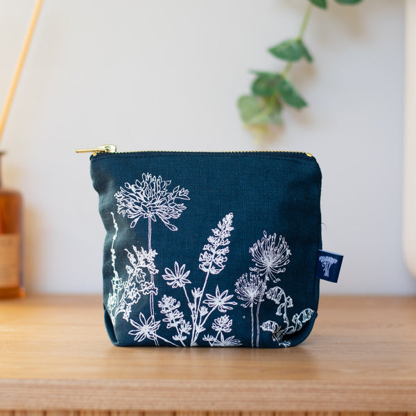 Navy Blue Linen Makeup Bag