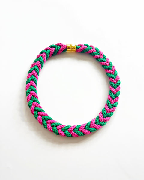 The Rachel Plaited Necklace - Emerald Green and Fuchsia