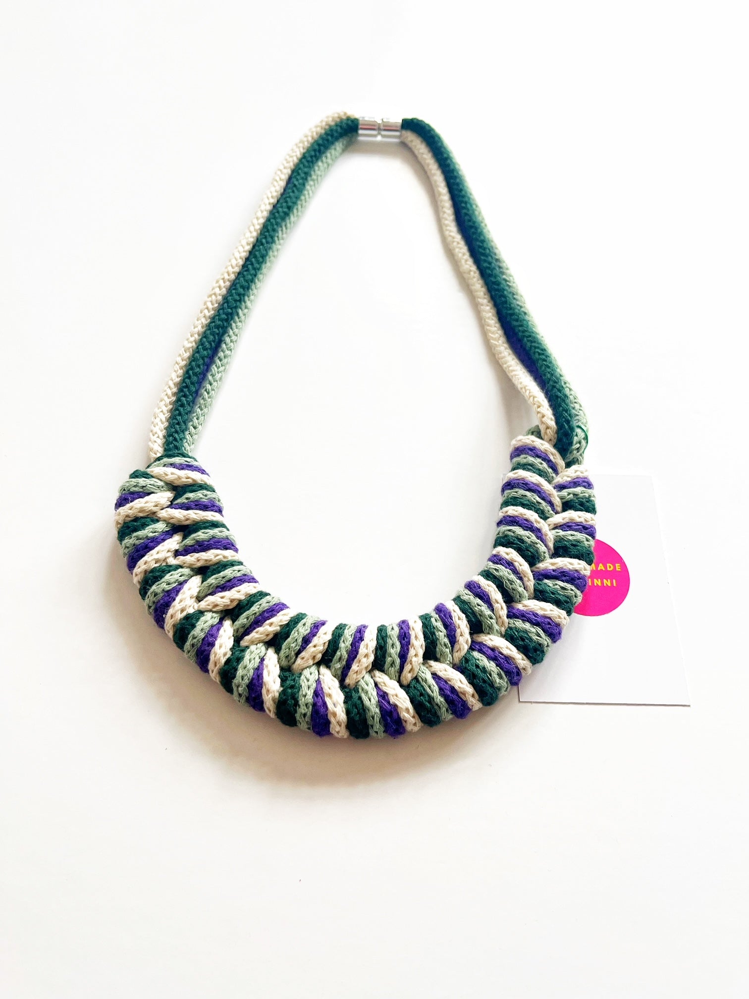 The Robin Knotted Cotton Necklace in Purple, Forest Green, Vanilla and Mint Green