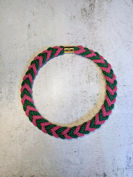 The Rachel Plaited Necklace - Emerald Green and Fuchsia