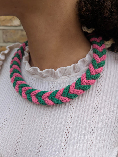 The Rachel Plaited Necklace - Emerald Green and Fuchsia