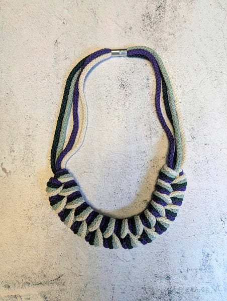 The Robin Knotted Cotton Necklace in Purple, Forest Green, Vanilla and Mint Green