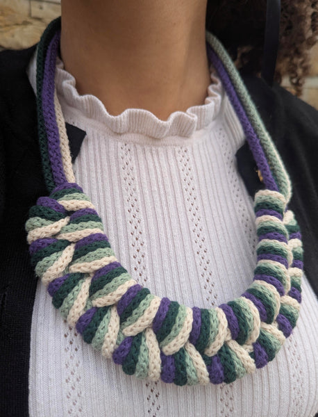 The Robin Knotted Cotton Necklace in Purple, Forest Green, Vanilla and Mint Green