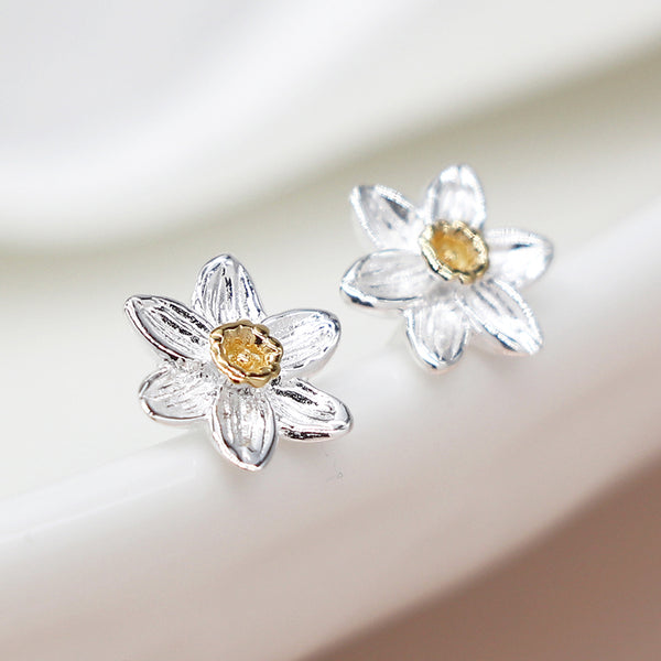 Sterling Silver and Gold Daffodil Earrings